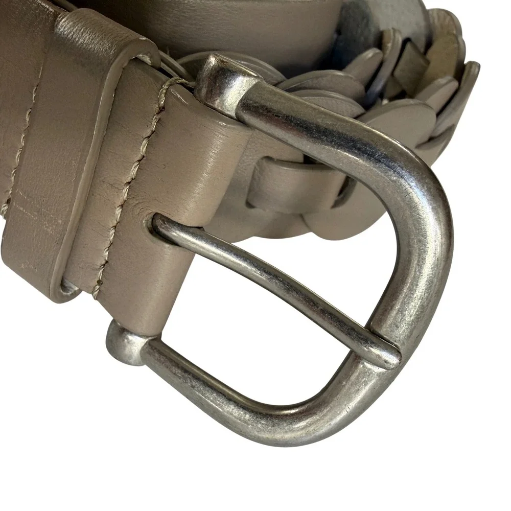 Vintage Wide Genuine‎ Leather Disc Link Belt Taupe Silver Buckle Boho Belt